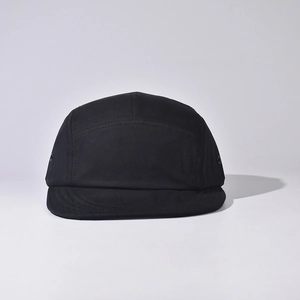 Classic black 5-panel baseball camp hat with metal eyelets and a short brim style