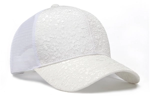 Detailed view of the intricate white floral lace pattern on a mesh baseball cap
