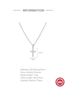 Detail of S925 silver cross pendant with AAAAA zircon stones and technical dimensions