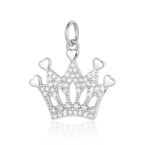 Silver crown pendant with cubic zirconia and heart details on a reflective white surface