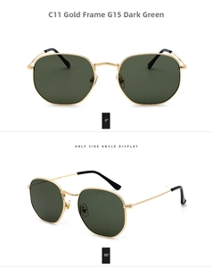 Detalle de gafas de sol con montura dorada irregular y cristales G15 en verde oscuro