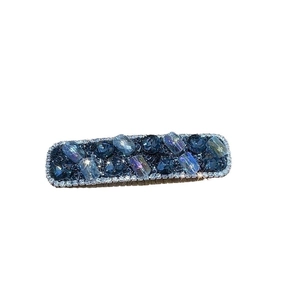 Elegant rectangle hair clip with sparkling deep blue rhinestones and silver crystal border