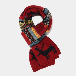 Winter Christmas knit scarf with classic elk reindeer pattern and Nordic geometry