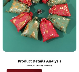 Detail of red and green Christmas burlap bags with gold stamped festive patterns