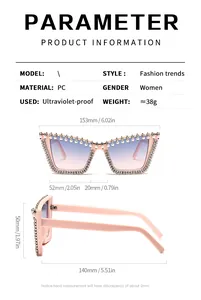 Detailed sizing chart with dimensions and technical specifications for women's PC sunglasses
