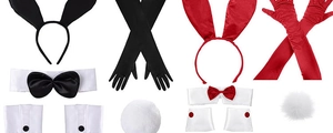 Flat lay of satin bunny cosplay set with ears headband gloves bow tie and tail