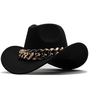 Retro Woolen Felt Cowboy Hat With Gold Chunky Chain Decorative Wide Brim Jazz Fedora For Men And Women Fashionable