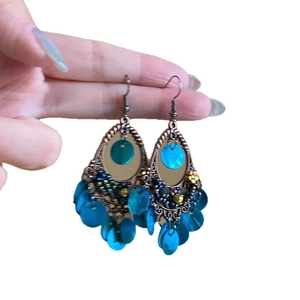 Bohemian retro bronze earrings with colorful beads and blue sequin tassels for women