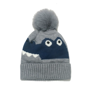 Winter knit dinosaur baby hat with pompom and ear flaps in grey and dark blue