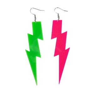 Fluorescent pink and green lightning bolt acrylic geometric earrings with metal hooks