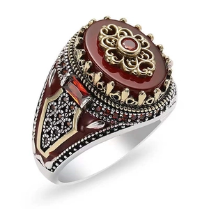 Retro geometric oval ring for men featuring brown stone and two-tone crown metal details