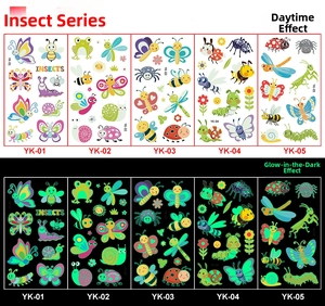 Luminous cartoon insect tattoo stickers for kids featuring butterflies and bees