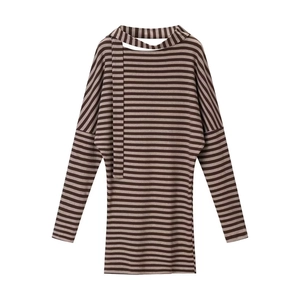 Top de rayas de manga larga para mujer con cuello tipo bufanda hueco y elegante