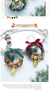 Miniature Christmas wreath with velvet bow, pine cones, and bells for holiday decor