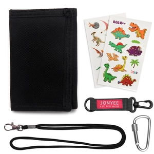 Detailed set of black fabric wallet with dinosaur stickers, lanyard, and metal keychain hook