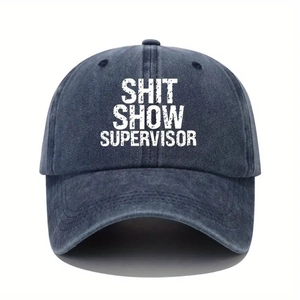 Unisex washed navy cotton baseball cap featuring Shit Show Supervisor text print