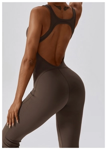 Detail view of the open-back jumpsuit with racerback straps and flattering butt-lift seams