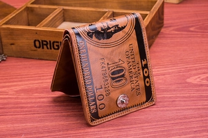 Close-up of vintage brown PU leather wallet with realistic 100 US dollar bill print
