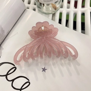 Elegant large pink translucent flower hair claw clip with gold metal spring for women