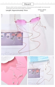 Detail of rose gold glasses chain with heart pendant and 70cm multifunctional metal link