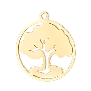 Minimalist gold stainless steel hollow tree of life pendant on a white background