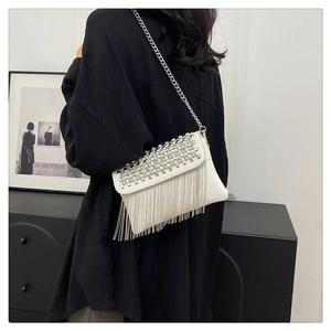 Detail of ivory chain bag featuring silver studs and long metal fringe on the flap
