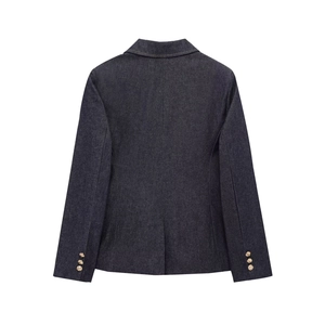 Back view of dark blue denim blazer with gold buttons and single vent detail