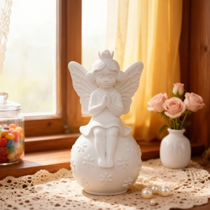 White butterfly girl sculpture on spherical base with floral details in a warm home setting
