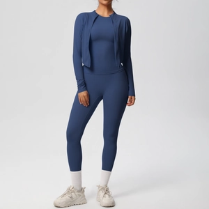 Three-piece slimming blue yoga set including zip-up jacket, vest and high-waist leggings