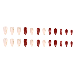24pcs almond press-on nails featuring vintage deep red and gold foil flake designs
