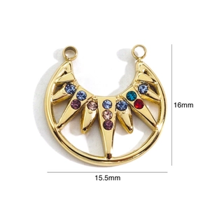 Detail of 16mm gold crescent pendant with multi-colored crystals and dual rings
