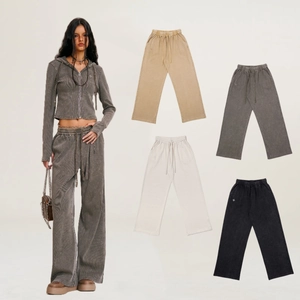 Women Retro Distressed Cotton Waffle Knit Hoodie And Wide Leg Pants Outfit Vintage Washed Casual Streetwear Loungewear