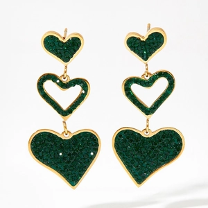 Elegant triple layered heart drop earrings in gold with deep green crystal inlays