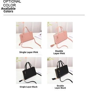 Detailed comparison of pink and black double-layer crossbody bags with tassel zippers