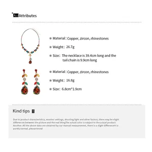 Detailed size chart for bohemian copper jewelry set with colorful zircons and rhinestones
