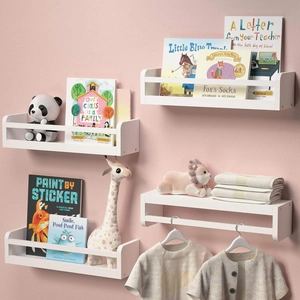 Set of 4 white solid wood floating shelves for kids room storage with hanging rod