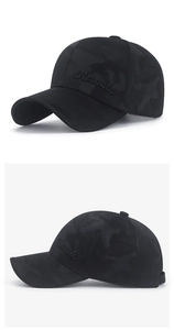 Close-up of black camo baseball cap with 3D Classic embroidery and curved brim detail