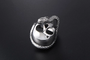 Macro shot of punk style skull and snake stainless steel ring with antique silver finish