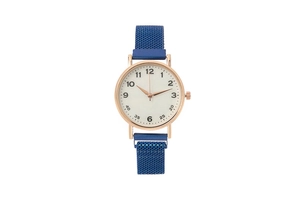 Front view of women's quartz watch with blue magnetic mesh strap and rose gold case