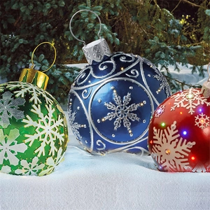 Three 60cm outdoor inflatable Christmas balls with snowflake patterns and LED lights on snow