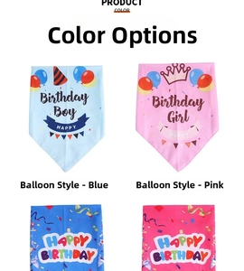 Detail of assorted pet birthday bandanas in pink and blue with festive party prints