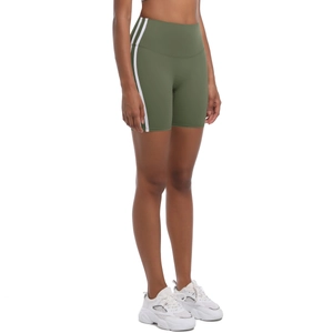 Close-up of olive green high-waisted yoga shorts with white side stripes and stretch fabric
