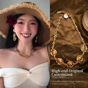 Rose Flower Necklace And Earrings Vintage Golden Copper Jewelry With Silver Earring Post For Women Elegant Palace Style