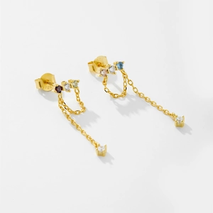 Luxurious S925 sterling silver drop earrings with multi-color zircons and gold chains