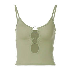 Detail of sage green crop top featuring triple metal rings and cutout chest design