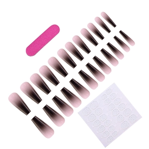 Detailed set of 24 pink and black gradient long ballerina press-on nails with file and glue