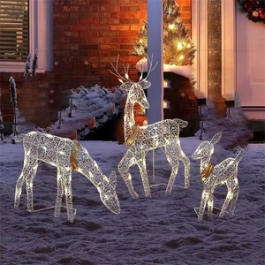 Three-piece gold reindeer family Christmas yard decor with warm white LED lights