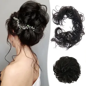 Messy bun hair piece detail with dark brown synthetic fibers and pearl hair accessory