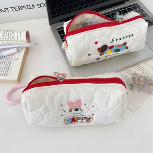 White quilted stationery bag with cute cartoon puppy embroidery and red zipper