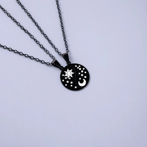 Black stainless steel yin yang sun and moon couple necklace with celestial pendant